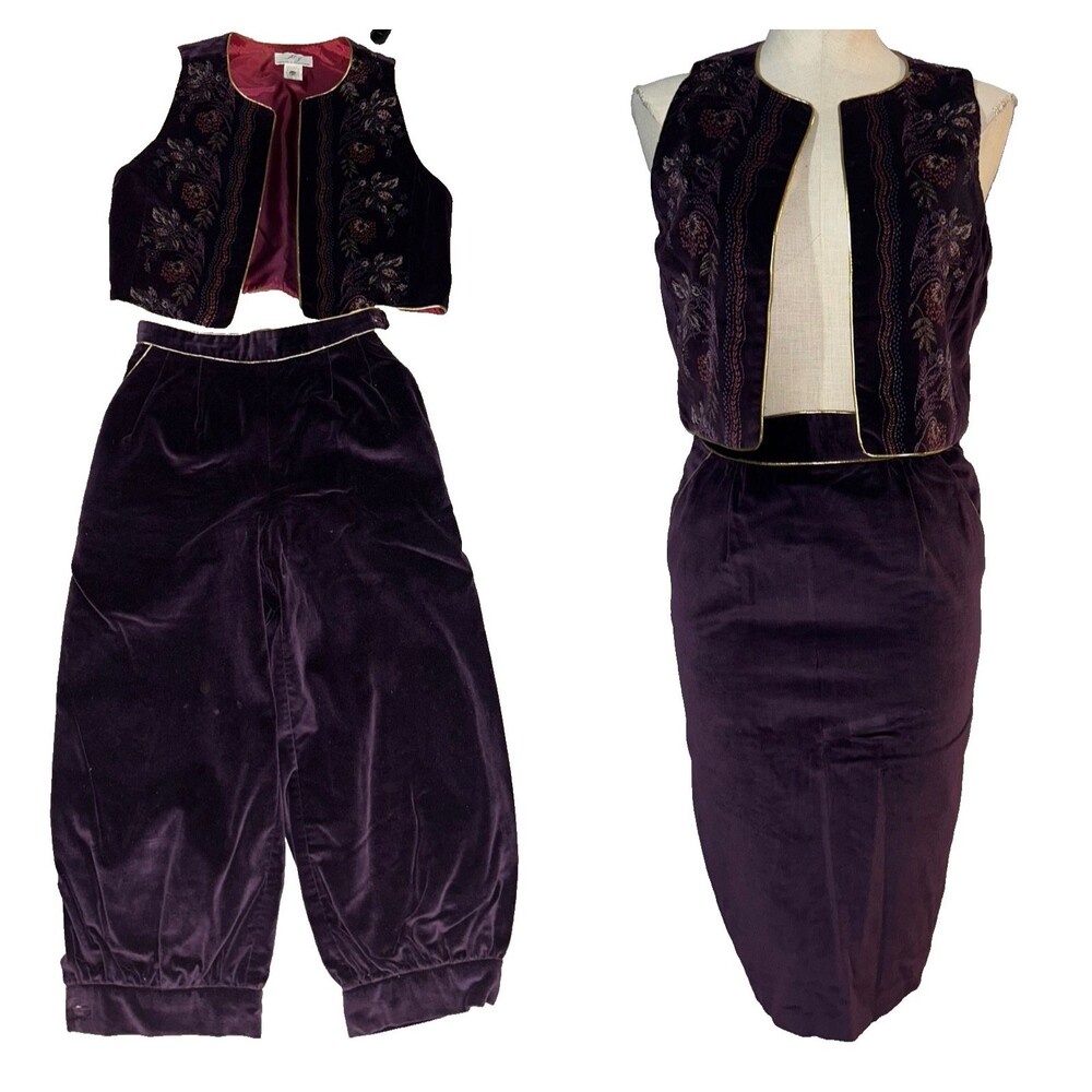 MJ Women’s Vintage 1970s 3Pc Velvet Vest+Pencil Skirt+Balloon Pant Suit Size S